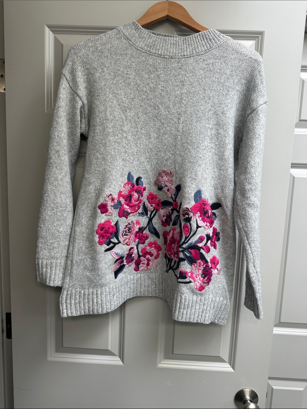 Joules Light Gray Crewneck Sweater with Pink Floral Embroidery